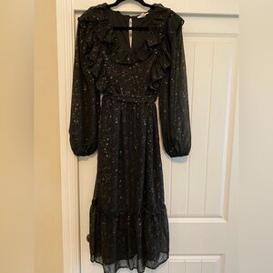 Black and Gold Ruffle Midi Dress